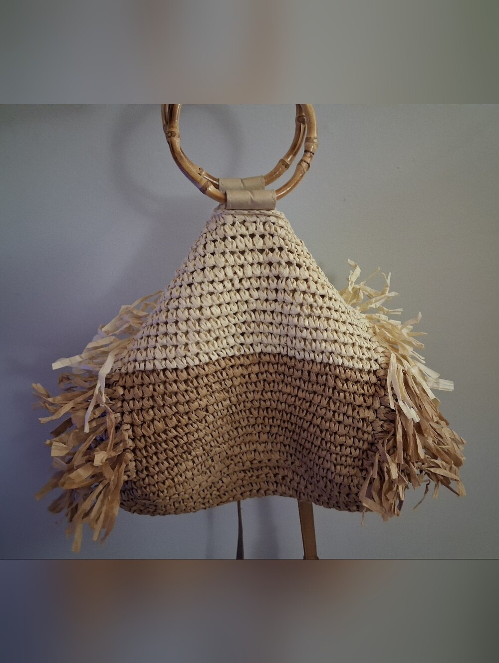 Woven Raffia Crossbody Bag Bamboo Handles - Two-Tone Natural/Beige Boho Festival